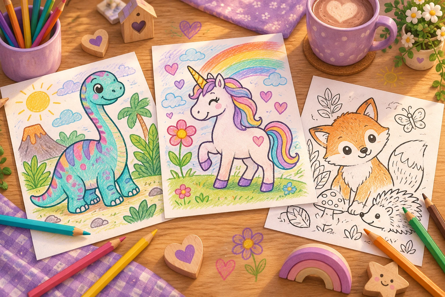 Bunt ausgemalte Bilder von Dinosaurier und Einhorn sowie ein teilweise ausgemalter Fuchs mit Igel zwischen Buntstiften auf einem Holztisch.