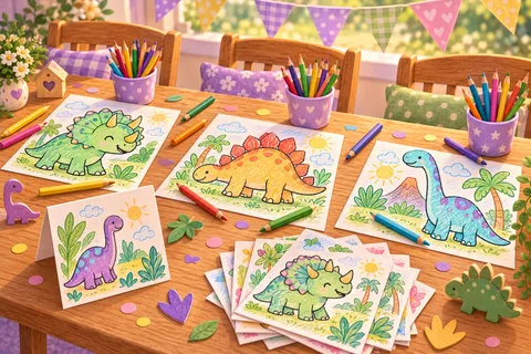 Partytisch mit bunten Dinosaurier-Ausmalbildern, einer Dino-Einladung, Stiftebechern und pastellfarbener Wimpelkette.