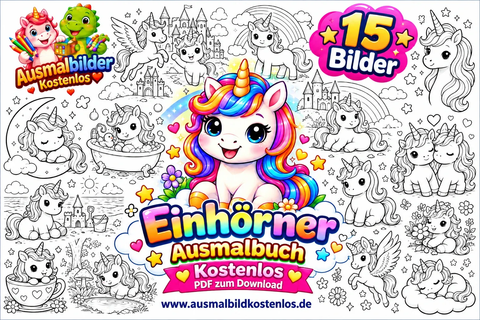 Einhorn-Ausmalbuch mit 15 Bildern: buntes Einhorn und verschiedene Einhorn-Motive zum Ausmalen
