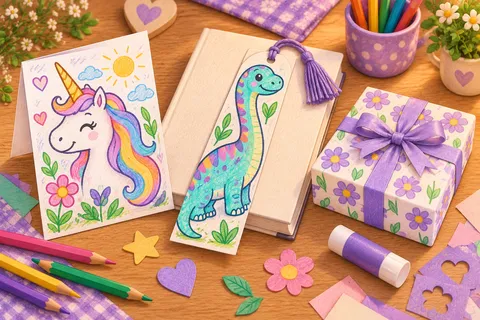 Selbst gestaltete Einhorn-Grußkarte, Dinosaurier-Lesezeichen und kleines Geschenk mit Blumenpapier und lila Schleife auf einem Basteltisch.