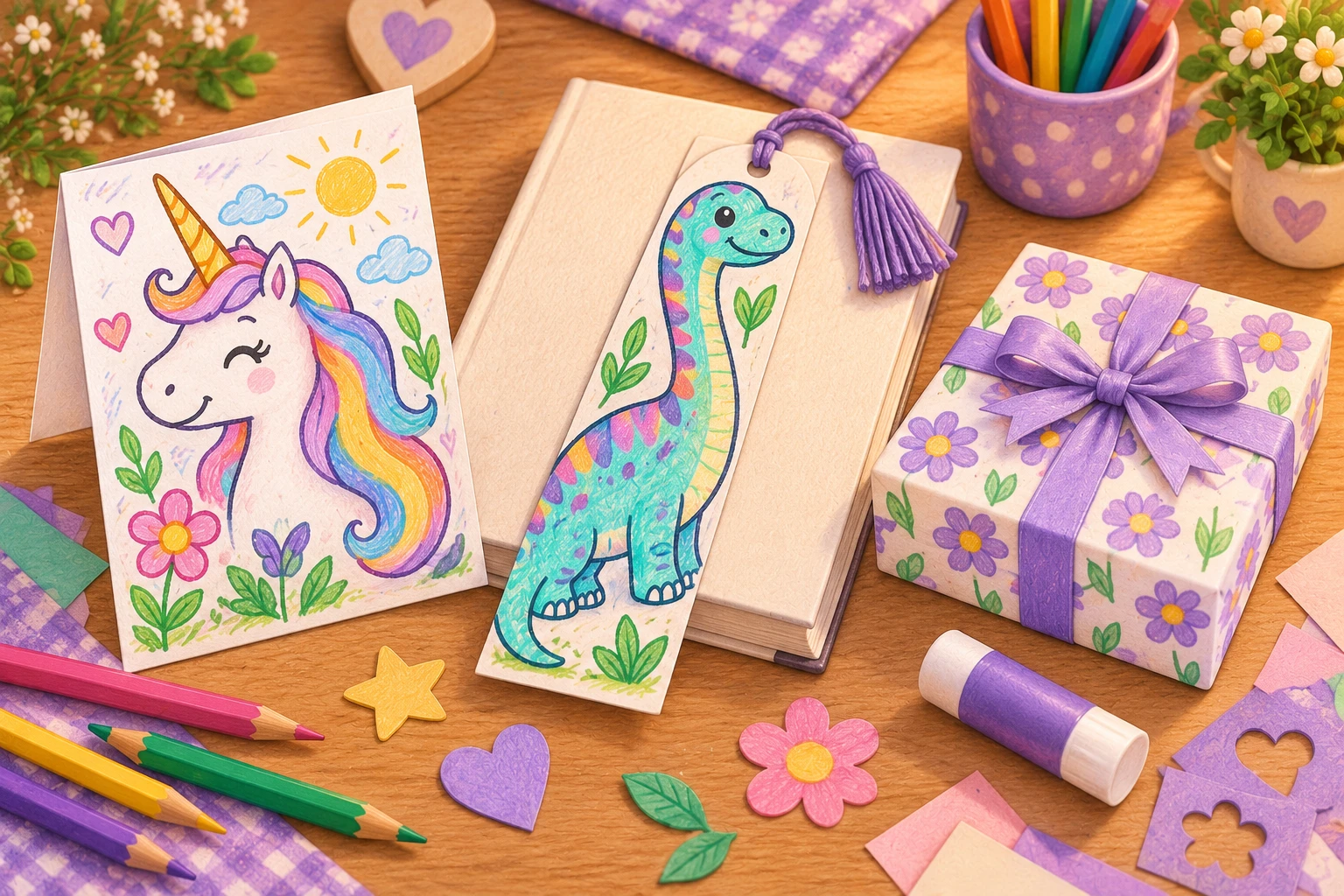 Selbst gestaltete Einhorn-Grußkarte, Dinosaurier-Lesezeichen und kleines Geschenk mit Blumenpapier und lila Schleife auf einem Basteltisch.
