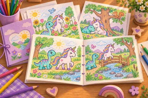 Aufgeschlagenes selbst gestaltetes Bilderheft mit Einhorn und Dinosaurier an einem Bach und einer Brücke, umgeben von weiteren Bildseiten und Buntstiften.