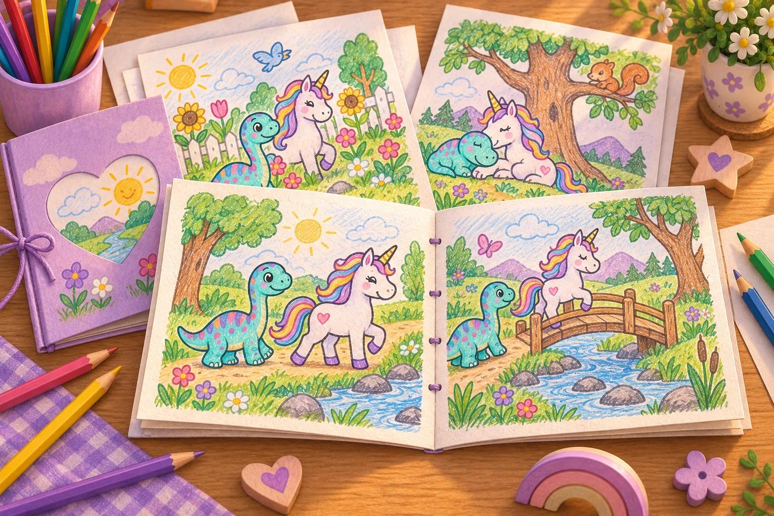 Aufgeschlagenes selbst gestaltetes Bilderheft mit Einhorn und Dinosaurier an einem Bach und einer Brücke, umgeben von weiteren Bildseiten und Buntstiften.