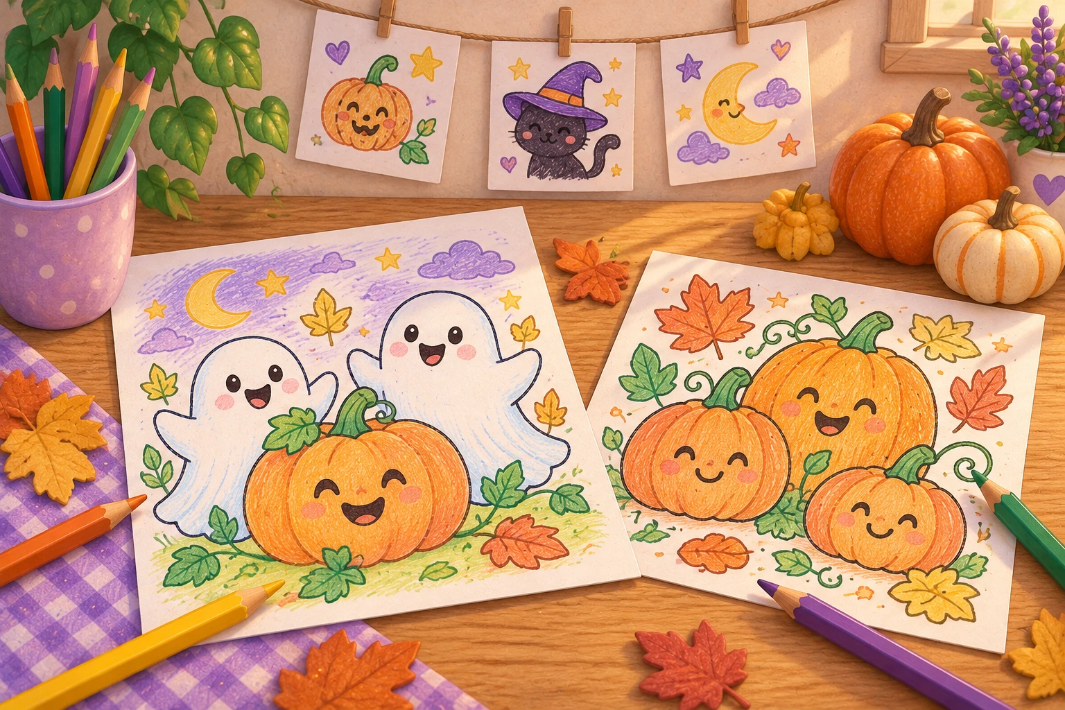 Fröhliche Geister und lächelnde Kürbisse auf ausgemalten Blättern, dahinter eine kleine Bilderleine mit freundlichen Halloween-Zeichnungen.