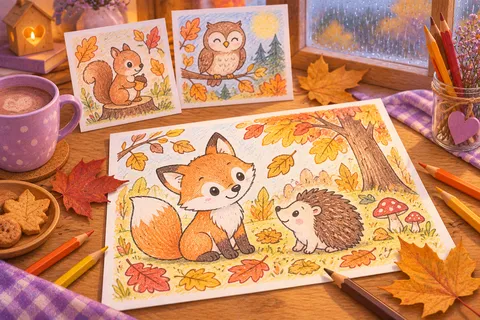 Ausgemaltes Herbstbild mit Fuchs und Igel, Tierzeichnungen und bunte Blätter auf einem Holztisch vor einem regennassen Fenster.