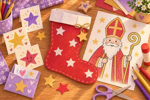 Roter Papierstiefel mit weißen Sternen neben einer gezeichneten Nikolausfigur mit Mitra und Stab, kleinen Sternkarten und einem Papierumschlag.