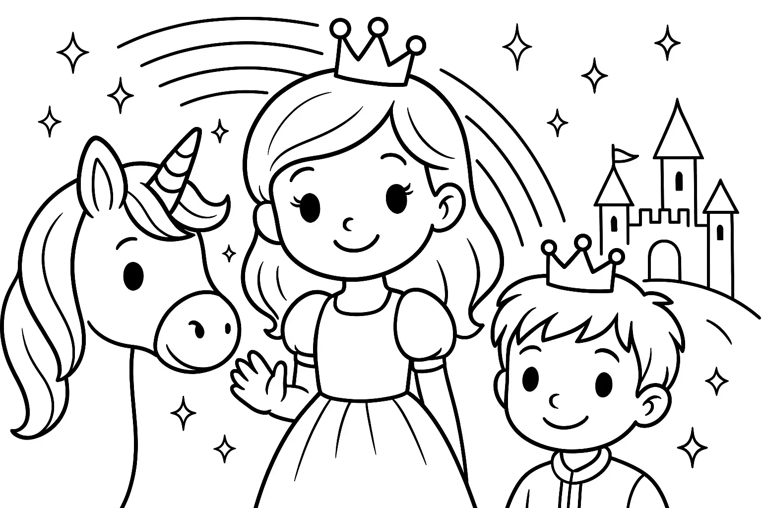 Prinzessin winkt, neben ihr ein Einhorn und ein kleiner Prinz vor einem Schloss mit Regenbogen und funkelnden Sternen