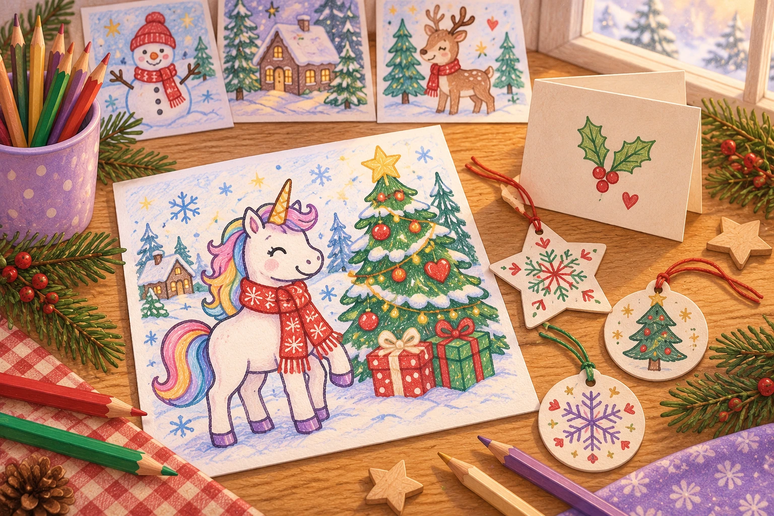 Weihnachtliches Einhorn-Ausmalbild mit Tannenbaum, selbst gestaltete Stern- und Kugelanhänger und eine Grußkarte auf einem Tisch mit Buntstiften.