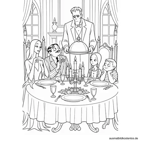 Morticia, Gomez, Wednesday und Pugsley am Esstisch, während Lurch eine Schüssel serviert.