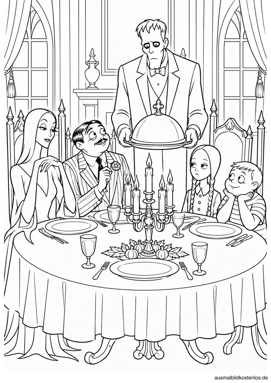 Morticia, Gomez, Wednesday und Pugsley am Esstisch, während Lurch eine Schüssel serviert.