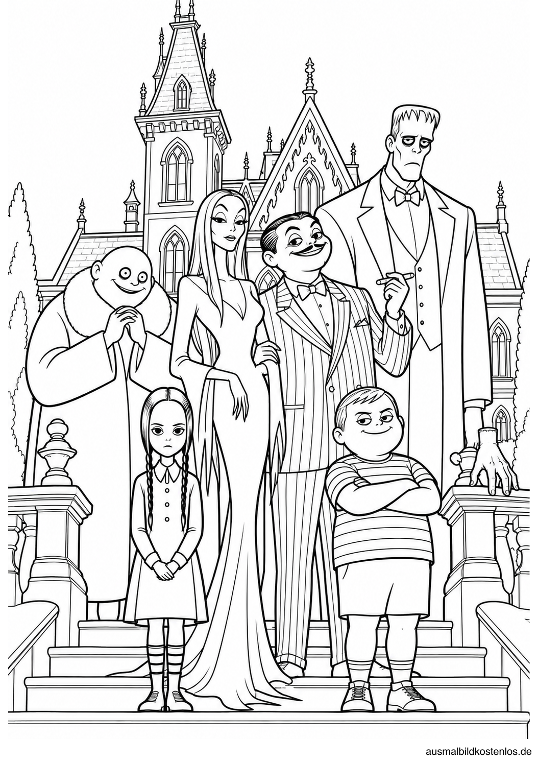 Die Addams-Familie mit Fester, Lurch und Händchen vor dem Eingang ihrer Villa.