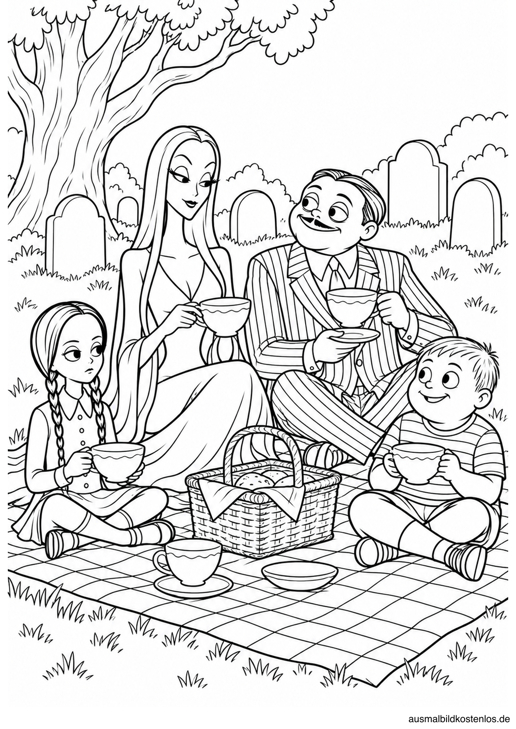 Morticia, Gomez, Wednesday und Pugsley picknicken vor Grabsteinen und einem Baum.