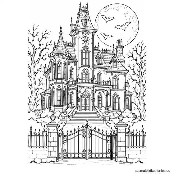 Die Addams-Villa hinter einem Tor mit Vollmond und drei Fledermäusen.