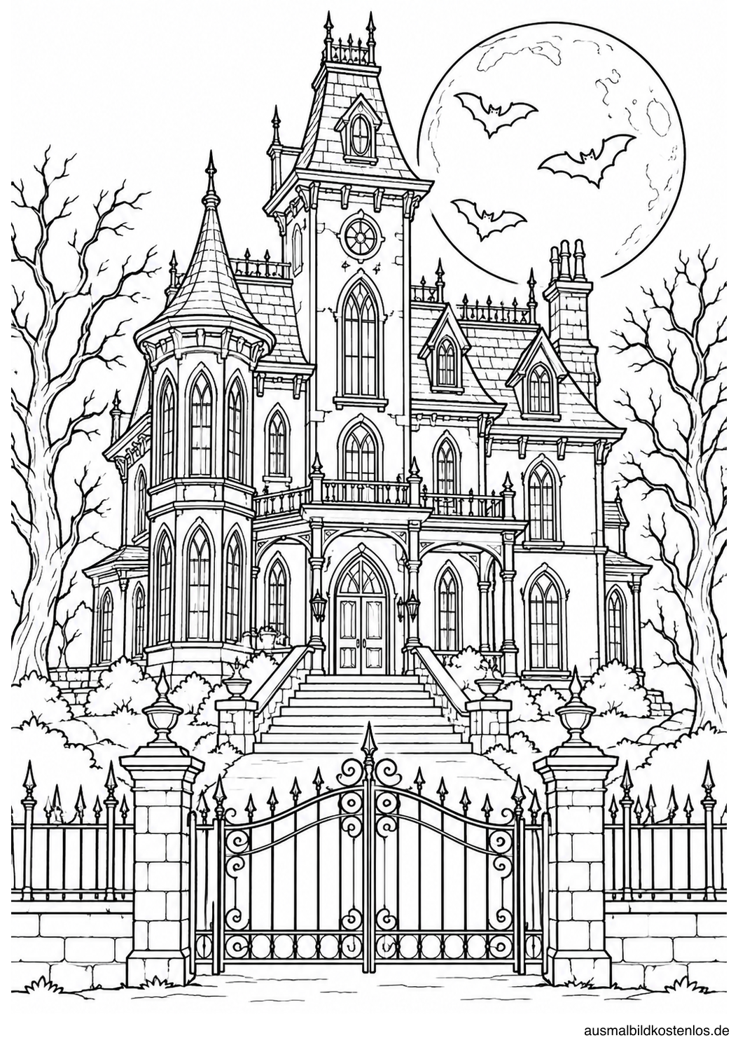 Die Addams-Villa hinter einem Tor mit Vollmond und drei Fledermäusen.