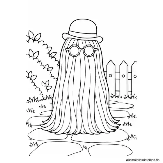 Cousin Itt mit Melone und Sonnenbrille auf einem Gartenweg neben Busch und Zaun.