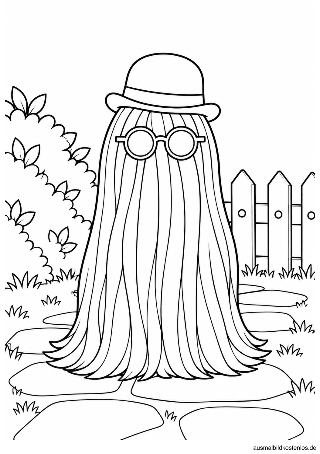 Cousin Itt mit Melone und Sonnenbrille auf einem Gartenweg neben Busch und Zaun.