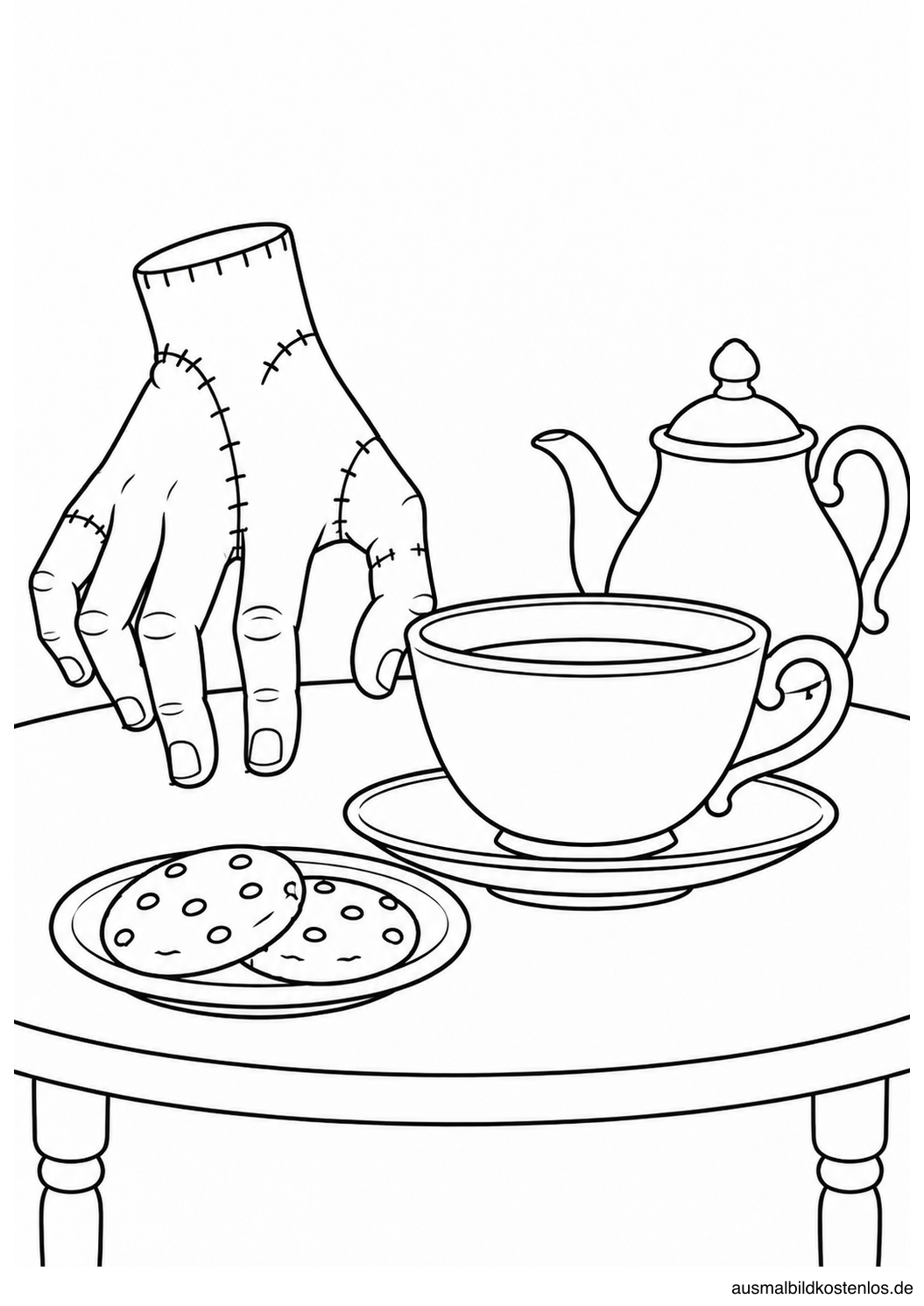 Das Eiskalte Händchen neben Teetasse, Teekanne und zwei Keksen.