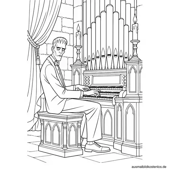 Lurch an einer großen Orgel mit Pfeifen, Kerzenhaltern und seitlichem Vorhang.