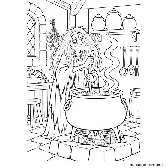 Oma Addams am großen Kessel mit drei Dampfkringeln und Gläsern im Küchenregal.