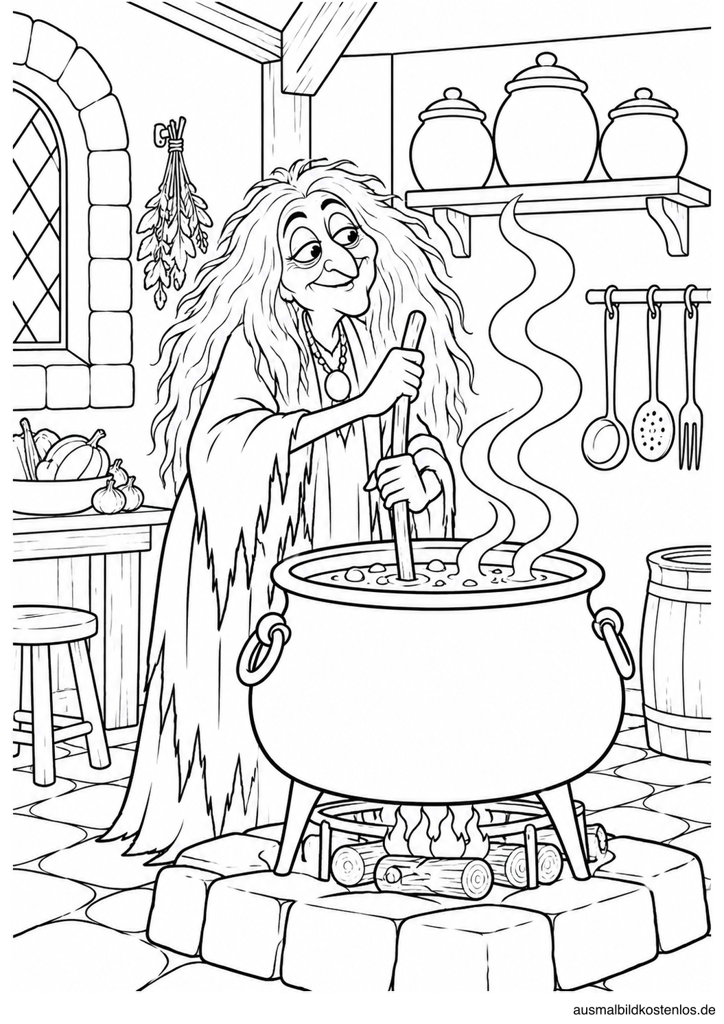 Oma Addams am großen Kessel mit drei Dampfkringeln und Gläsern im Küchenregal.