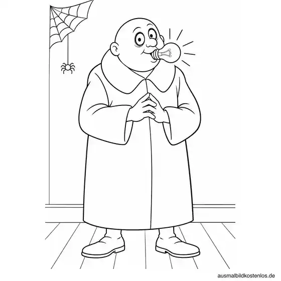 Onkel Fester mit einer Glühbirne im Mund neben einem kleinen Spinnennetz.