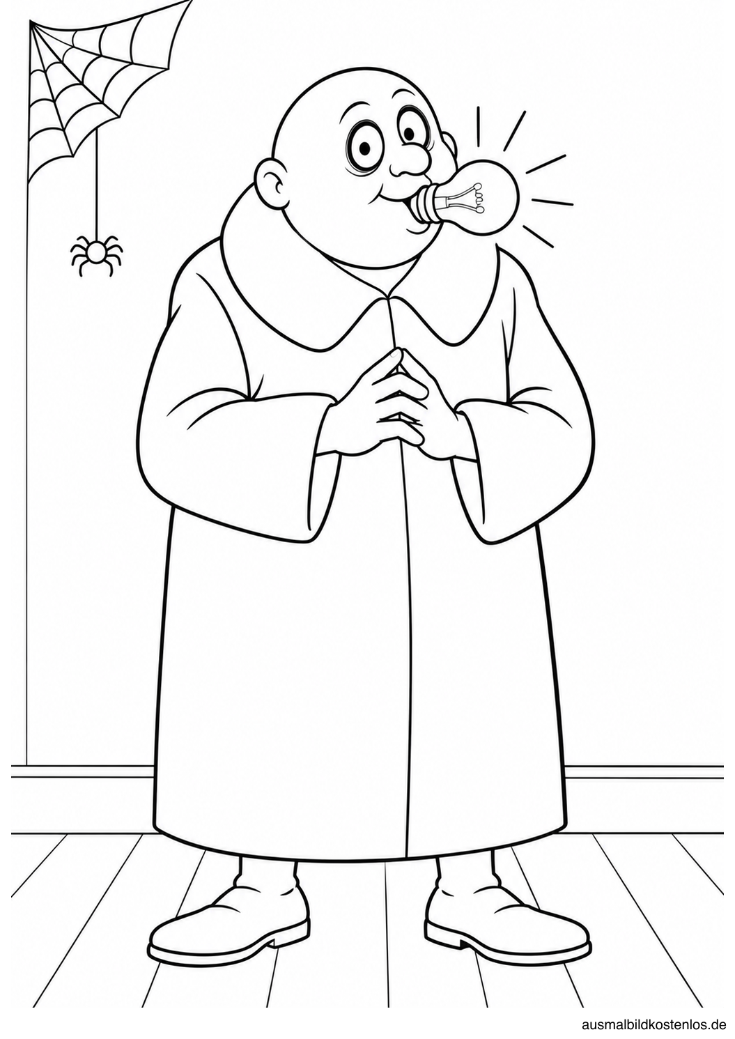 Onkel Fester mit einer Glühbirne im Mund neben einem kleinen Spinnennetz.