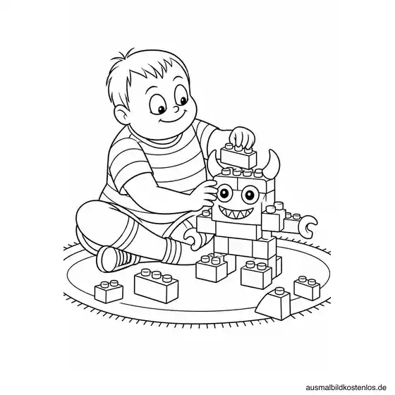 Pugsley baut auf einem Teppich ein freundliches Monster aus großen Bausteinen.
