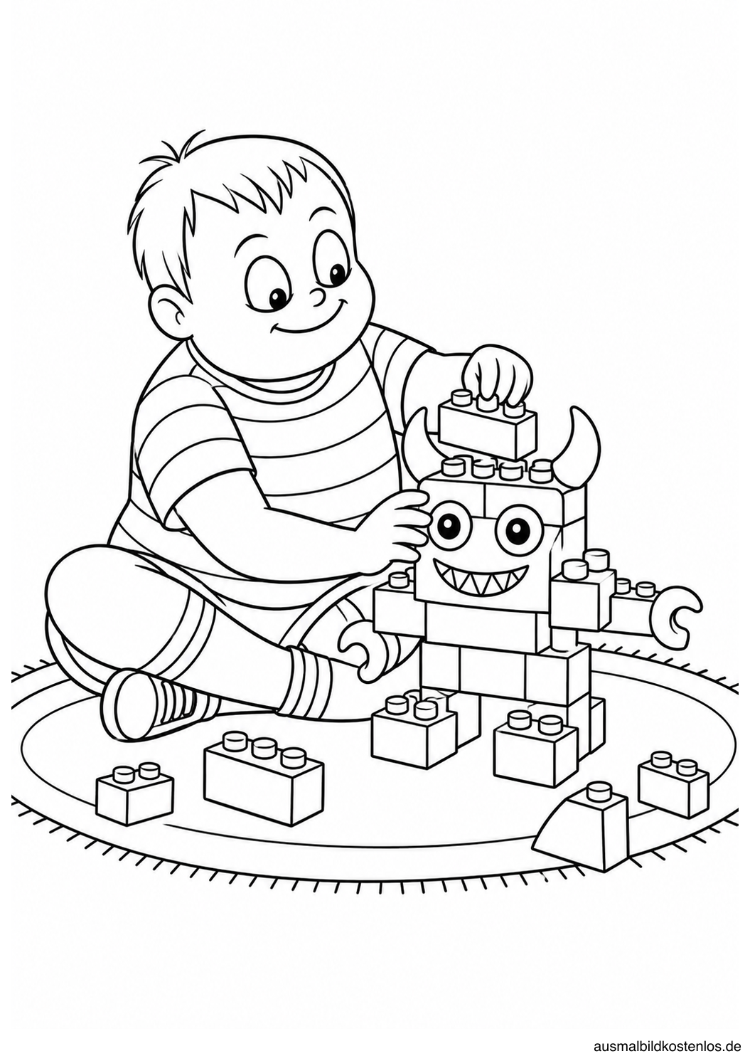 Pugsley baut auf einem Teppich ein freundliches Monster aus großen Bausteinen.