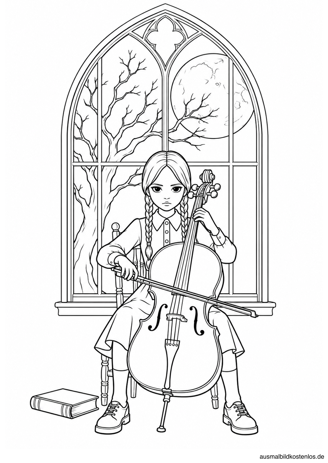Wednesday mit Cello am Fenster, einem Buch und Vollmond hinter dem kahlen Baum.