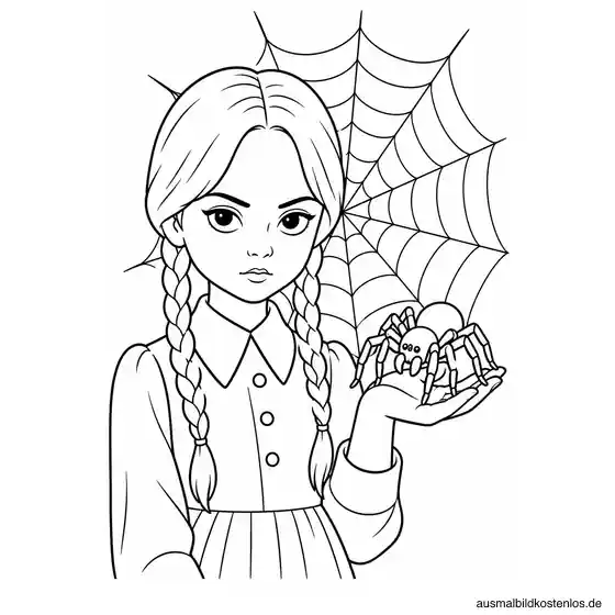 Wednesday als Halbfigur mit zwei Zöpfen und einer großen Spinne auf der Hand.