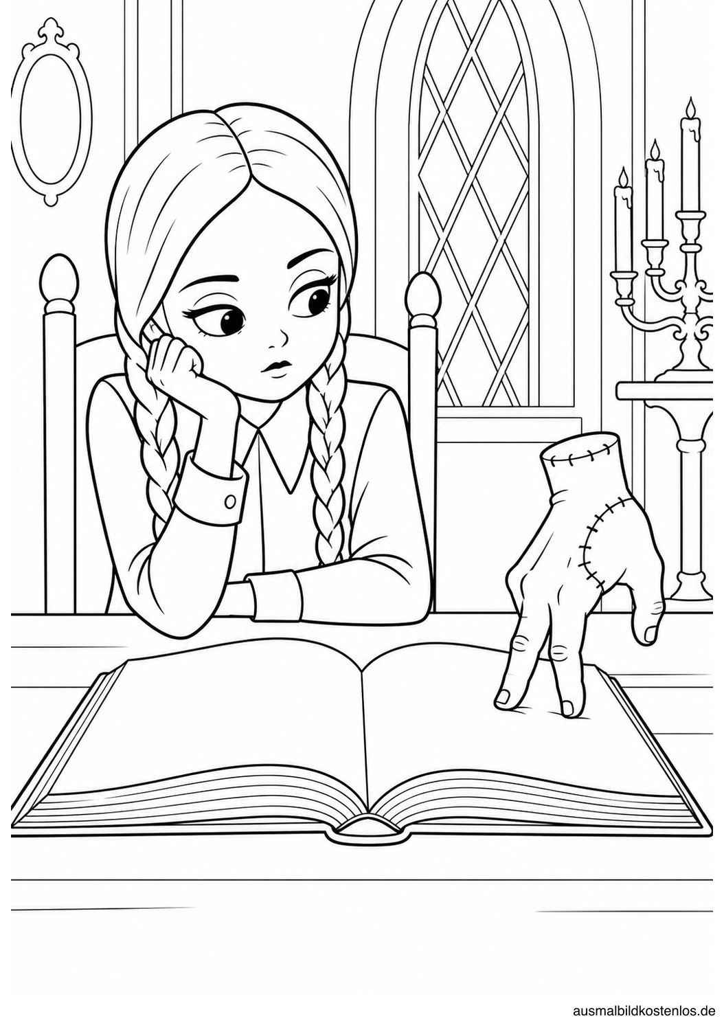 Wednesday am Tisch mit dem Eiskalten Händchen und einem geöffneten Buch.