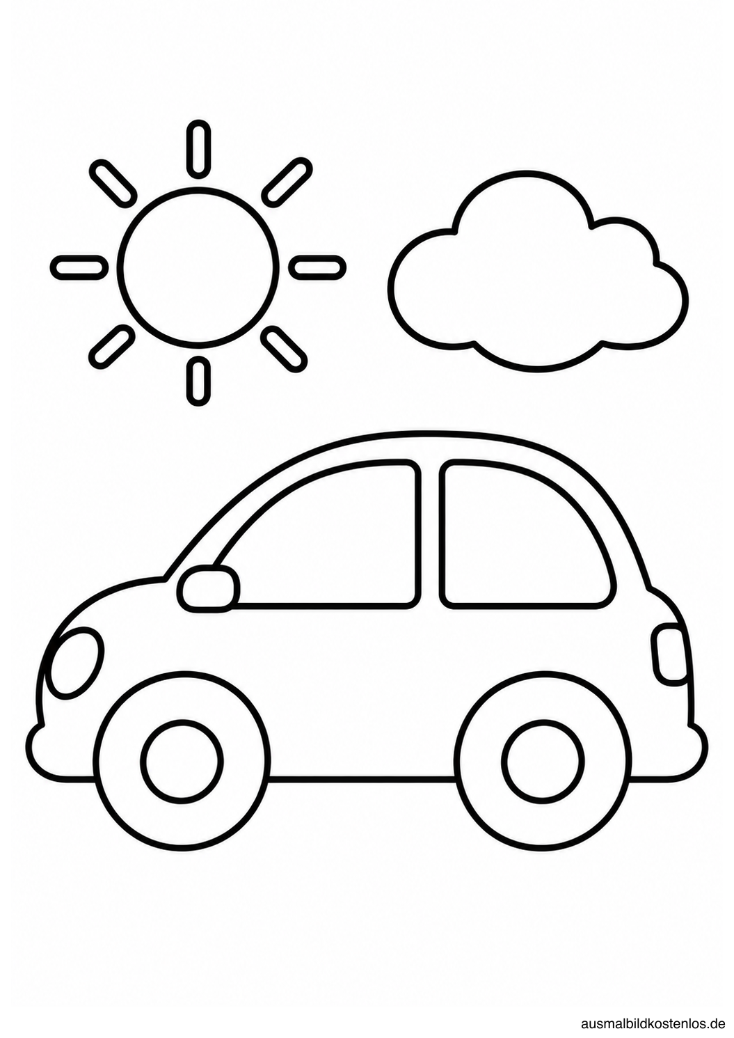 Rundlicher Kleinwagen in Seitenansicht mit zwei großen Rädern, darüber Sonne und Wolke.