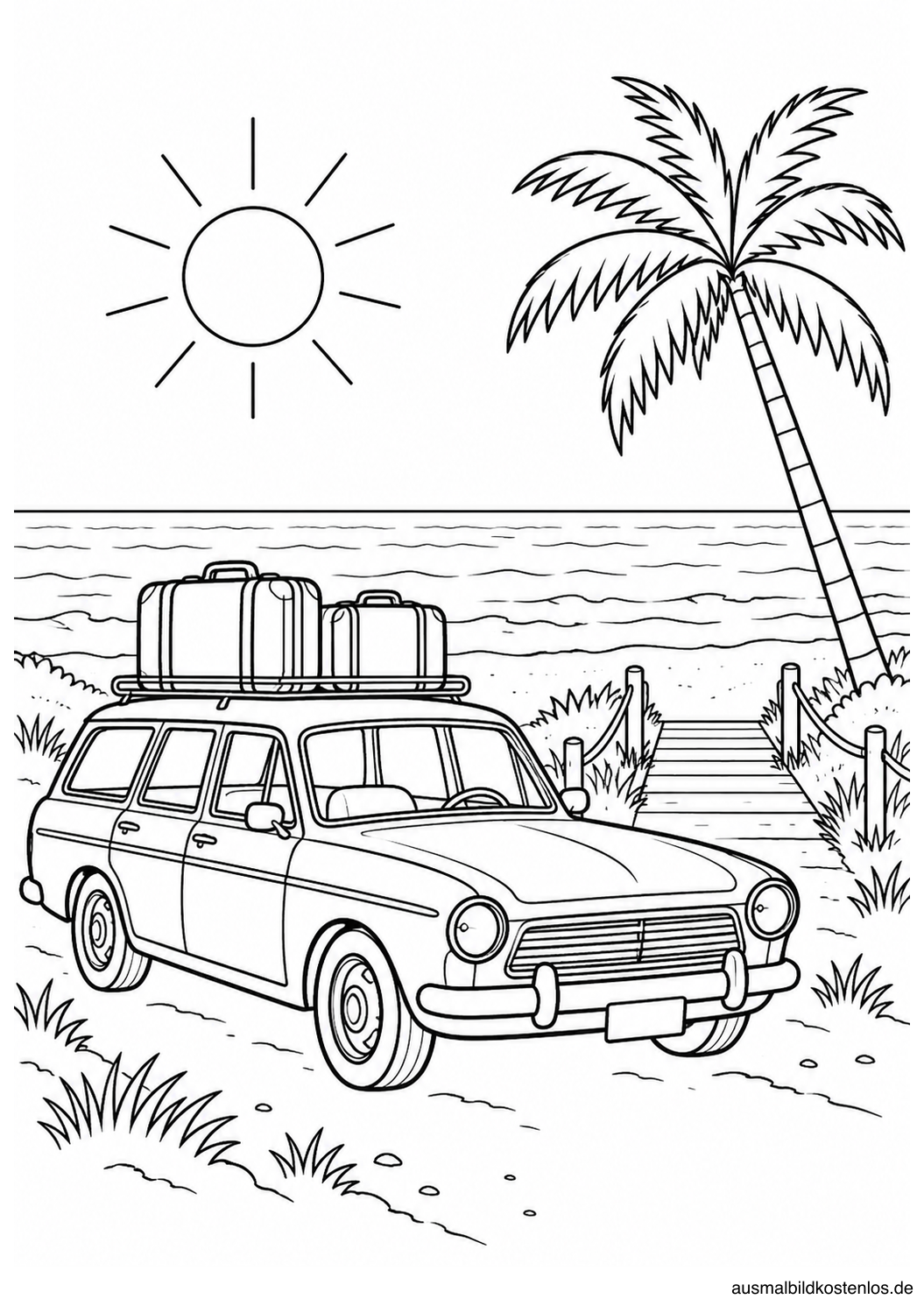 Kombi mit zwei Koffern auf dem Dach am Strandzugang, dahinter Meer, Sonne und eine Palme.