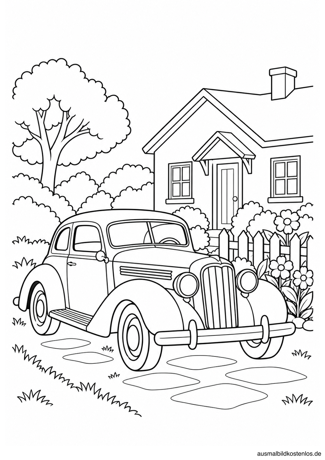 Oldtimer mit runden Scheinwerfern und geschwungenen Kotflügeln vor Landhaus, Gartenzaun und Blumenbeet.