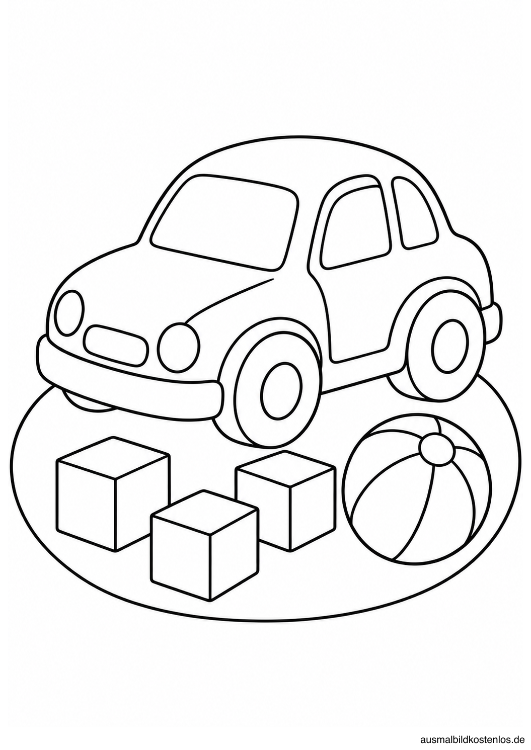 Großer Spielzeugwagen auf einem ovalen Teppich, davor drei Bauklötze und ein gestreifter Ball.