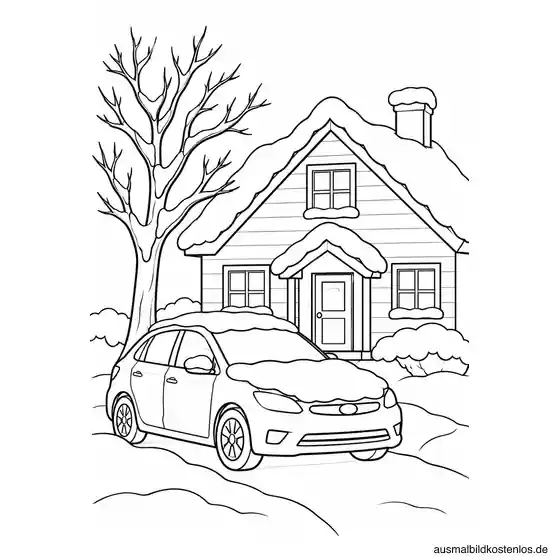 Auto vor einem verschneiten Haus