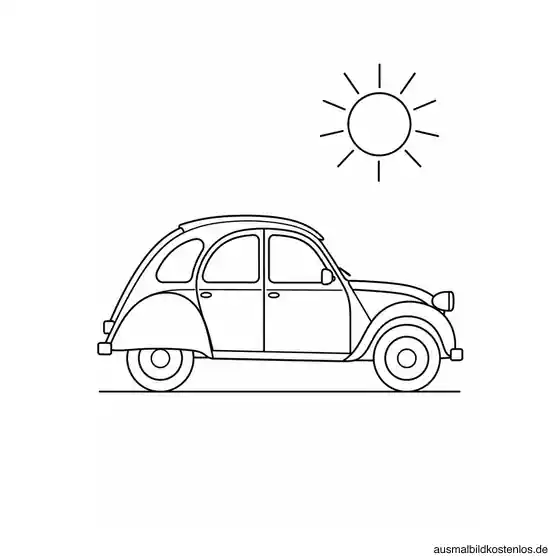 Vereinfachte historische Citroën 2CV Ente in Seitenansicht mit rundem Dach, großen Rädern und einer Sonne darüber.