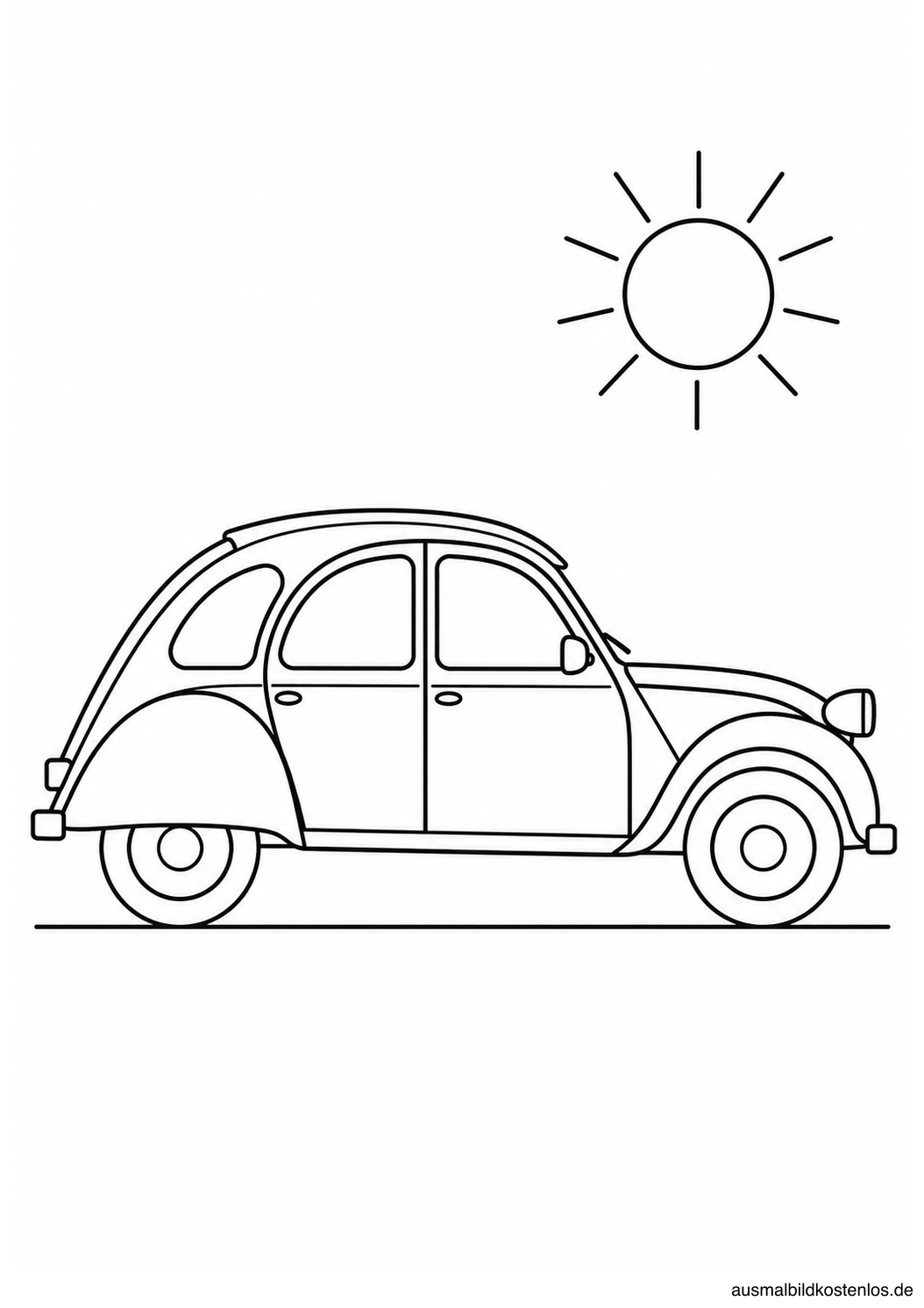 Vereinfachte historische Citroën 2CV Ente in Seitenansicht mit rundem Dach, großen Rädern und einer Sonne darüber.