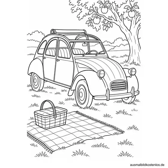 Historische Citroën 2CV Ente mit zurückgerolltem Stoffdach auf einer Wiese neben Picknickdecke, Korb und Apfelbaum.