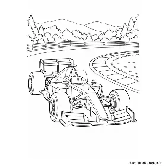 Formelrennwagen mit offenem Cockpit, breiten Flügeln und sichtbaren Rädern in einer Haarnadelkurve.