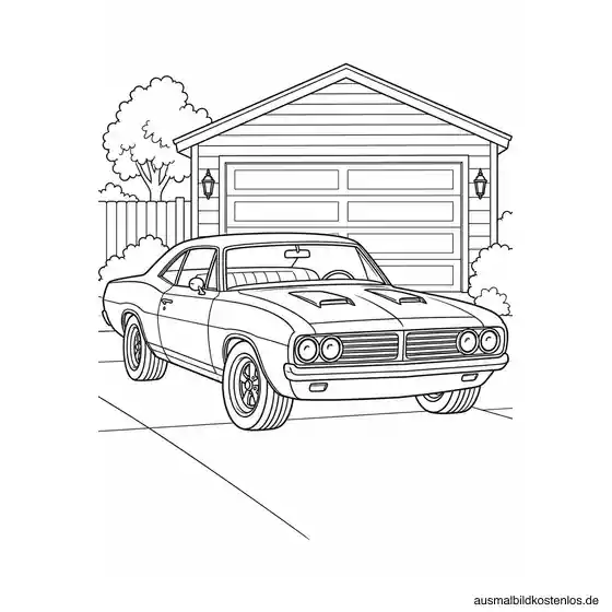 Klassisches Muscle-Car mit langer Motorhaube und breiten Rädern schräg vor einer geschlossenen Garage.