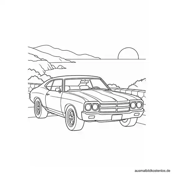 Klassisches Muscle-Car an einem Küstenaussichtspunkt vor ruhigem Meer, sanften Hügeln und tief stehender Sonne.