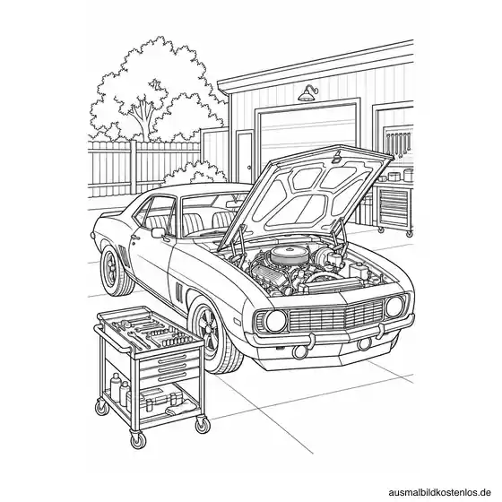 Muscle-Car mit geöffneter Motorhaube und sichtbaren Motorbauteilen neben einem Werkzeugwagen im Werkstatthof.