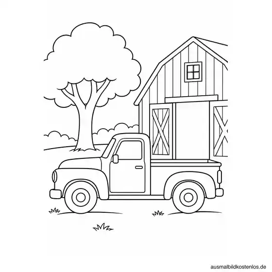 Rundlicher Pickup mit leerer Ladefläche in Seitenansicht neben einem Scheunentor und einem großen Baum.