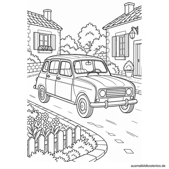 Historischer Renault R4 auf einer Dorfstraße zwischen zwei kleinen Häusern, neben Gartenzaun und Blumenbeet.