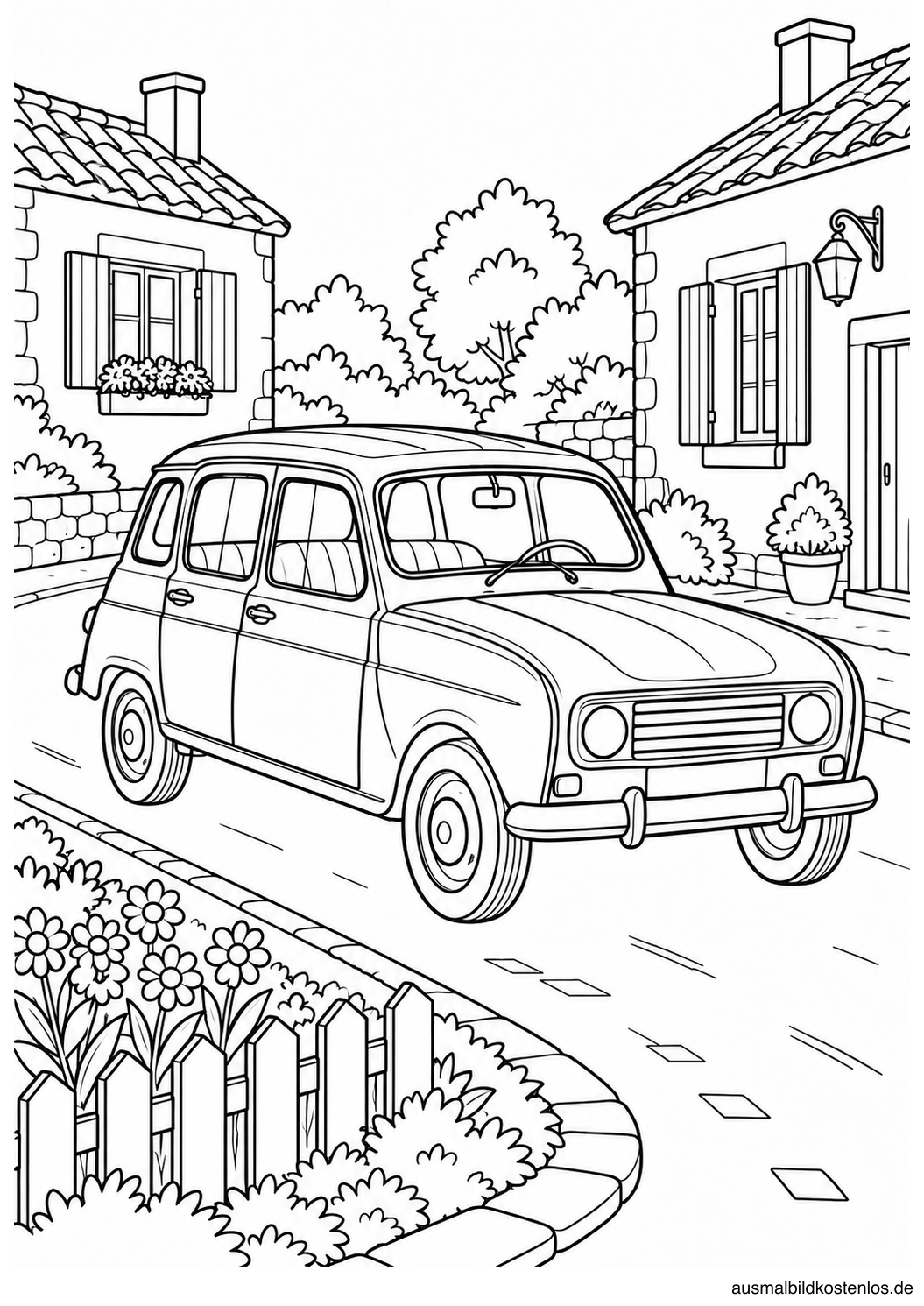 Historischer Renault R4 auf einer Dorfstraße zwischen zwei kleinen Häusern, neben Gartenzaun und Blumenbeet.