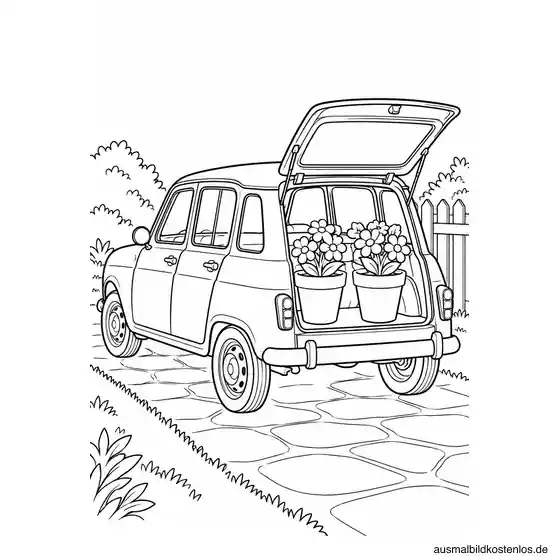Renault R4 mit nach oben geöffneter Heckklappe und zwei großen Blumentöpfen im Kofferraum neben einem Gartenzaun.