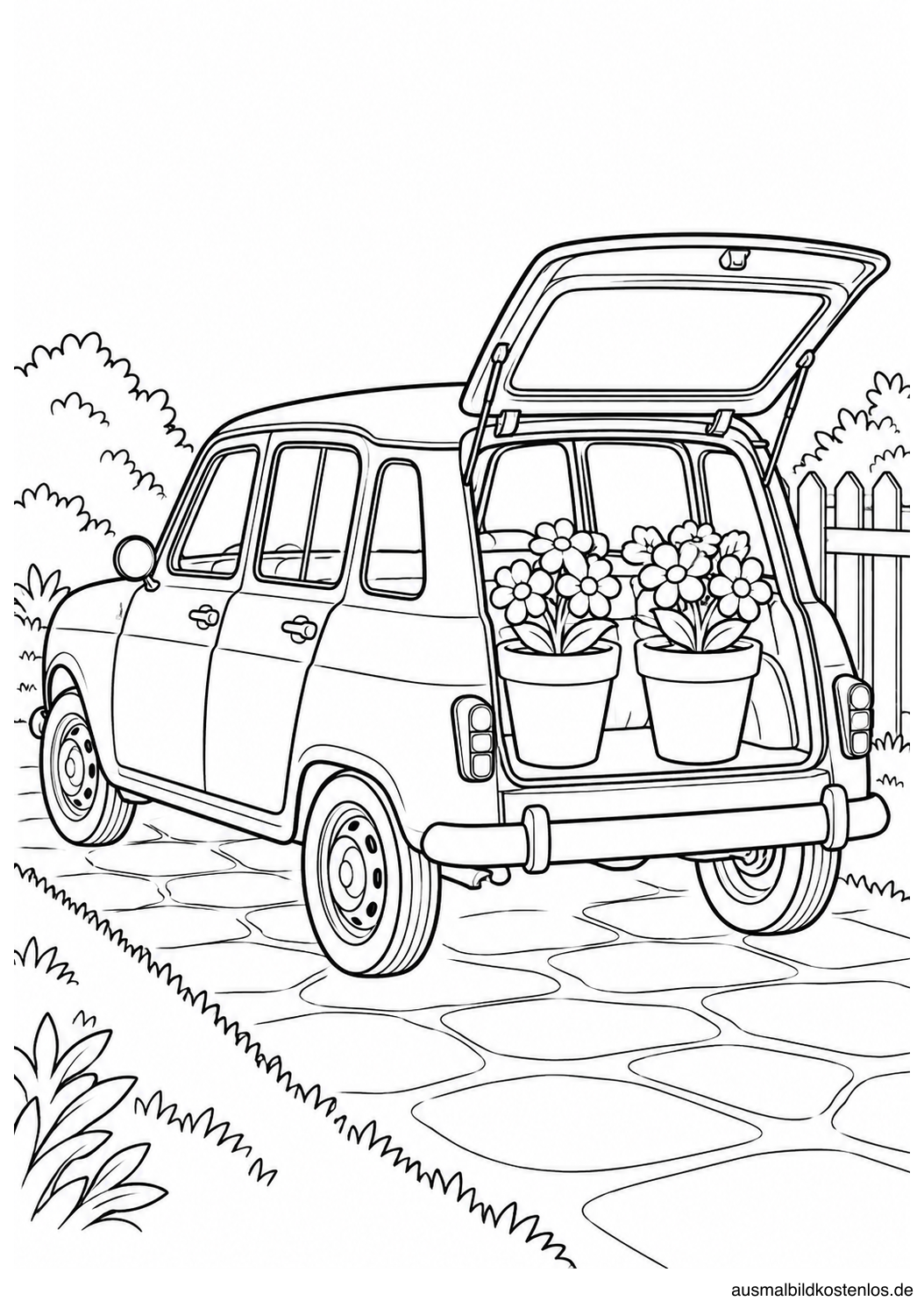 Renault R4 mit nach oben geöffneter Heckklappe und zwei großen Blumentöpfen im Kofferraum neben einem Gartenzaun.