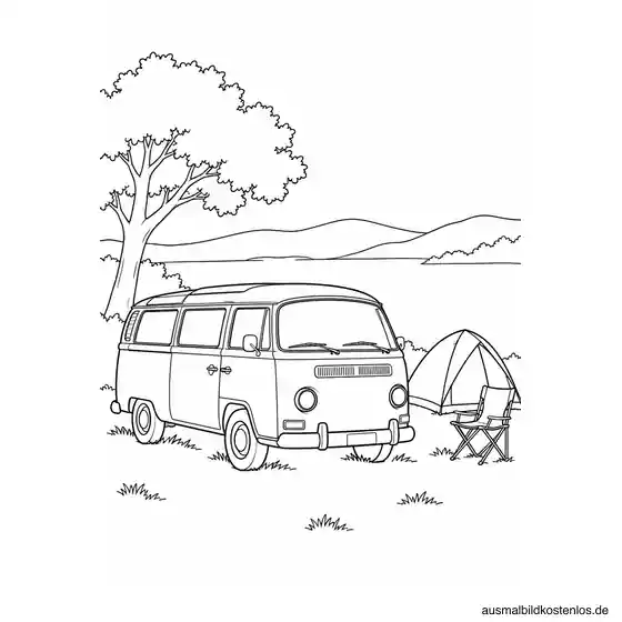 Historischer VW T2 Bulli neben einem kleinen Zelt und einem Klappstuhl am See vor Baum und niedrigen Hügeln.