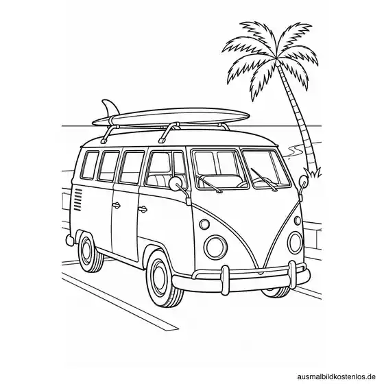 Historischer VW T1 Bulli mit geteilter Frontscheibe und Surfbrett auf dem Dach neben Strand, Meer und Palme.